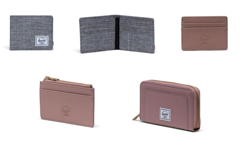 5 wallets, 2 grey and 3 tan colors