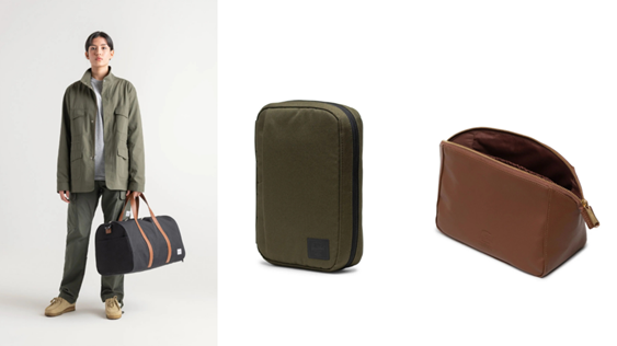 a young man standig with a dark blue duffle bag in thier left hand, and they are wearing a army green colored jacket. and next the them is another picture of 2 organizer bagss, one is olive green and the other is tan brown. 